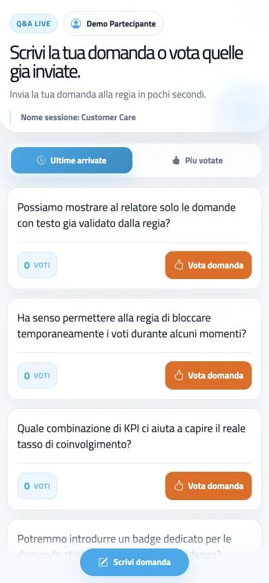 askMe screen with audience questions people can vote on