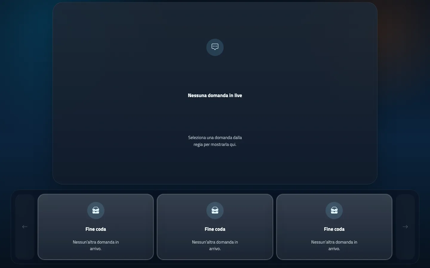askMe large screen view for live questions and the Q&A queue