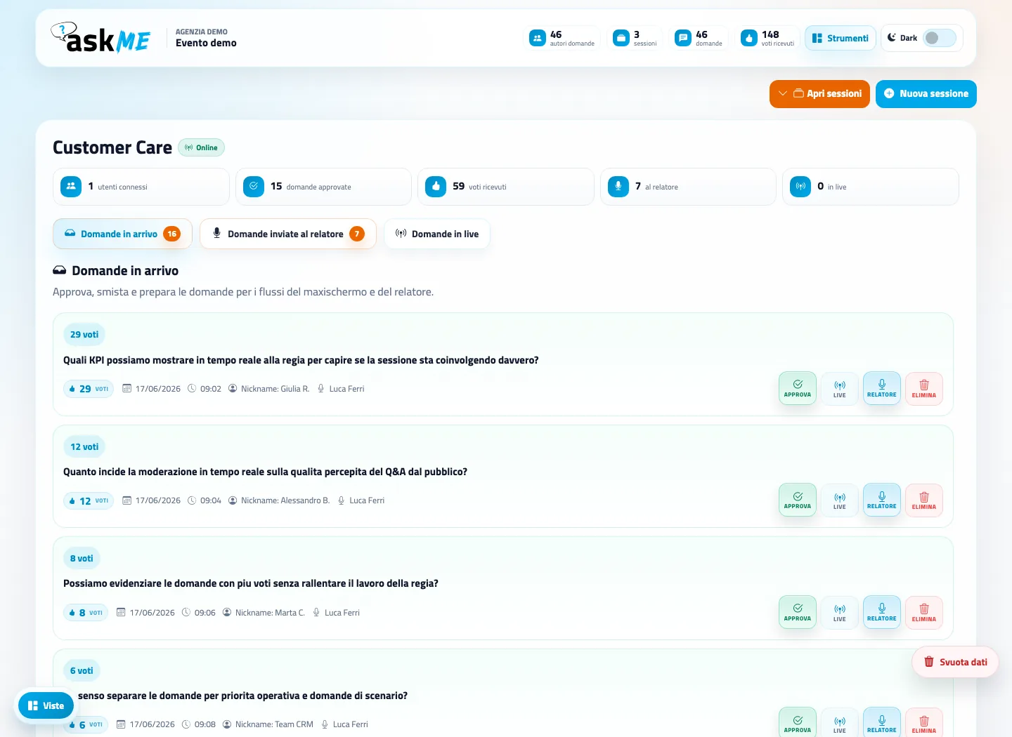 askMe control room with incoming questions and speaker and screen commands
