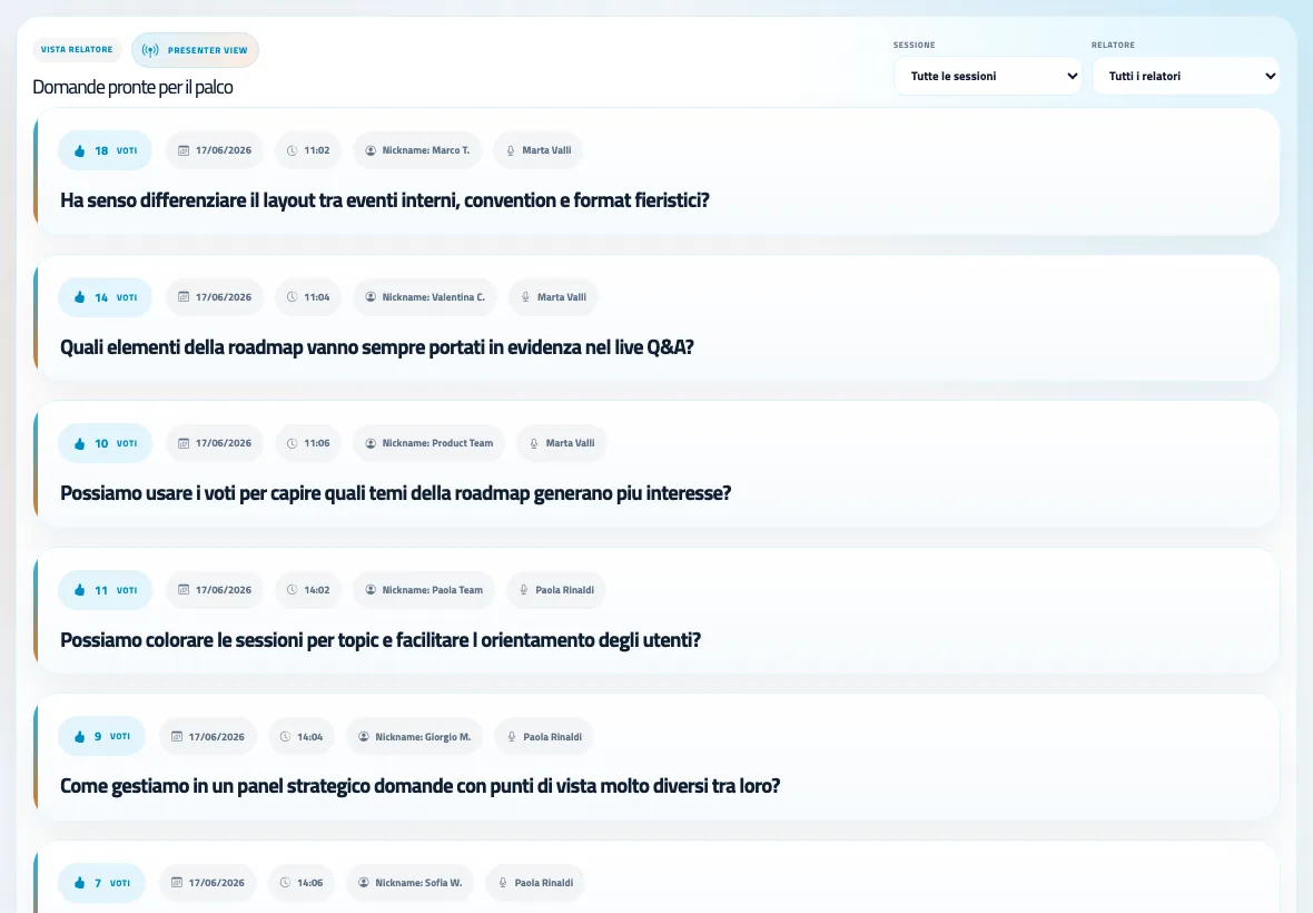 askMe speaker view with questions selected by the control room