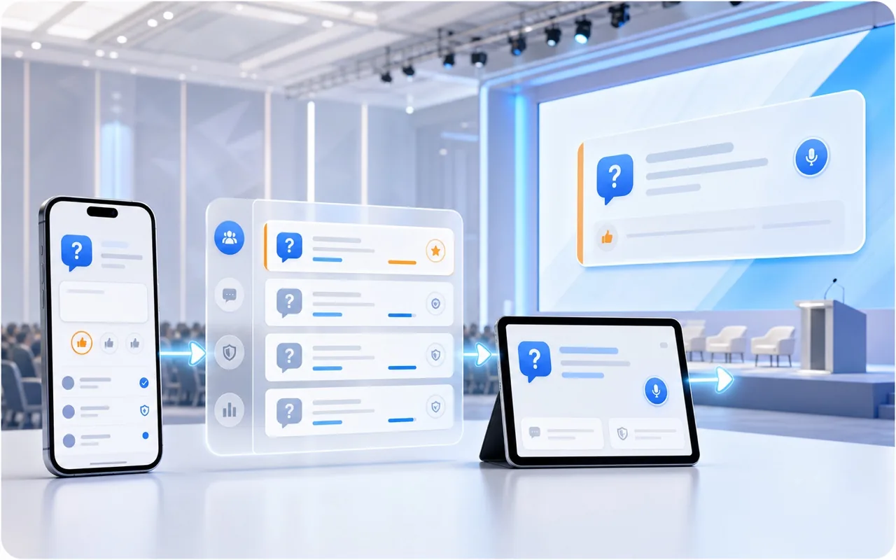 askMe screen with audience questions available for voting