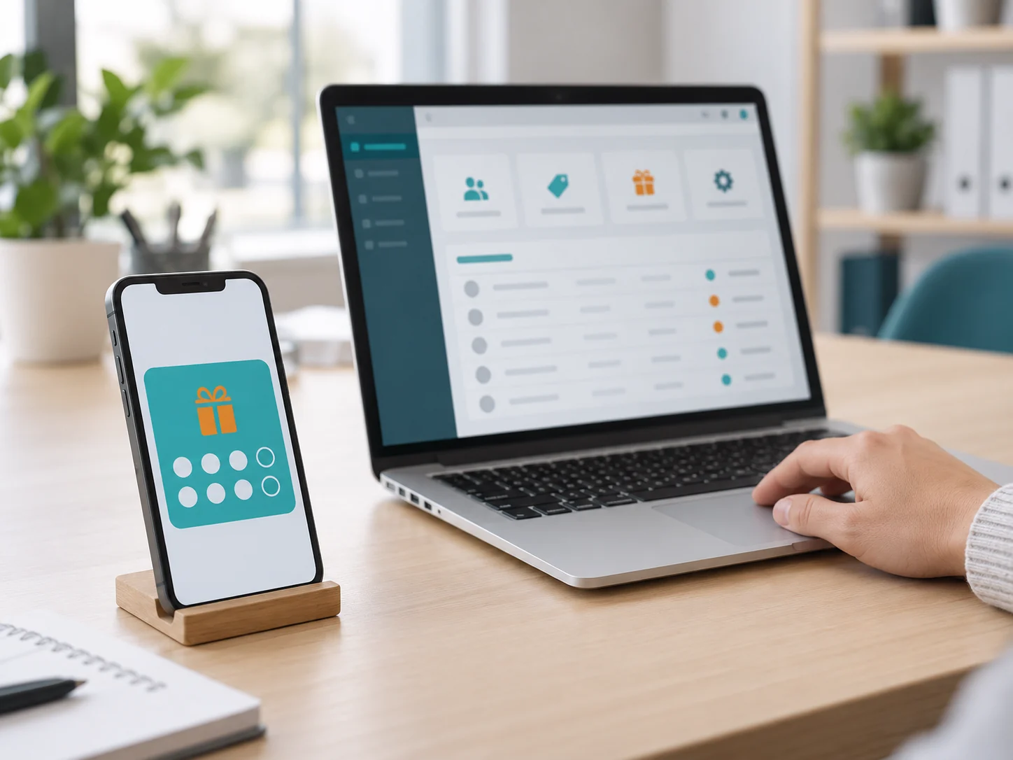 Digital loyalty card on a smartphone and management panel on a laptop