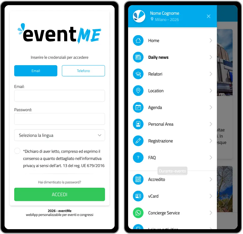 eventMe pagina di login e menu