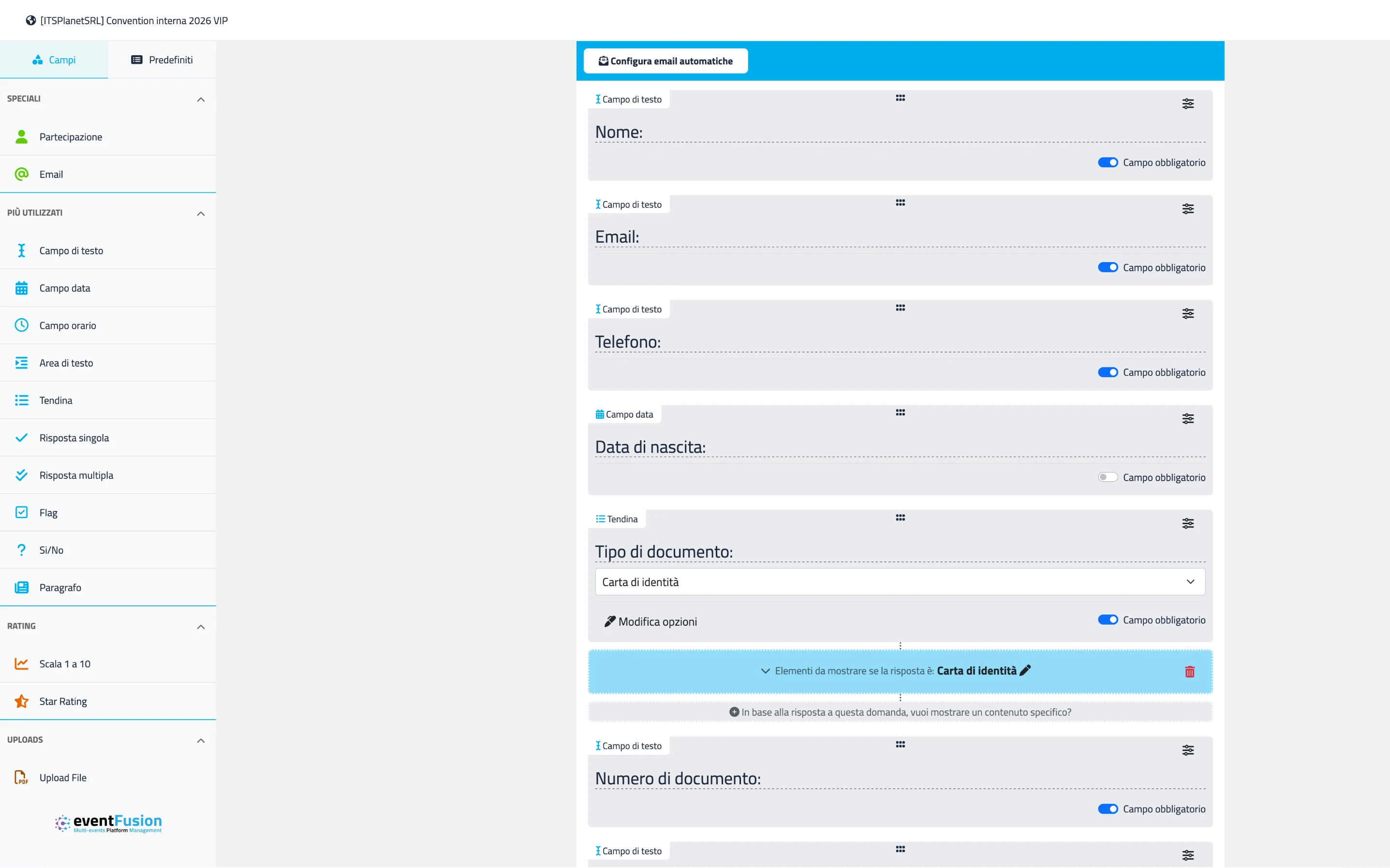 Form builder per registrazioni evento