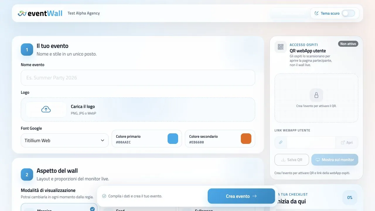 Configurazione eventWall con logo colori font e QR webApp
