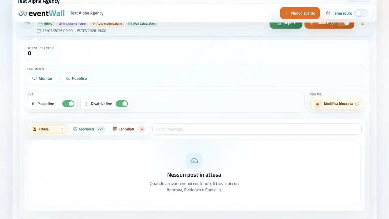 Dashboard regia eventWall con eventi e controlli live