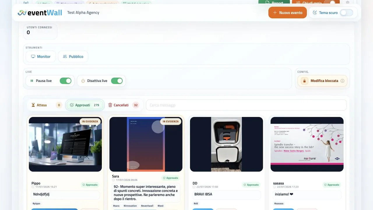 Regia eventWall con post approvati e contenuti in evidenza