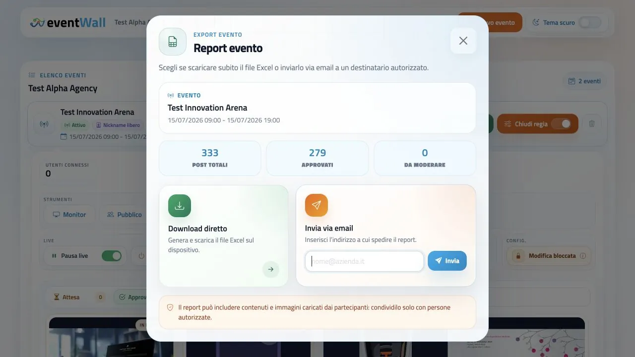 Report eventWall con post totali approvati e download Excel