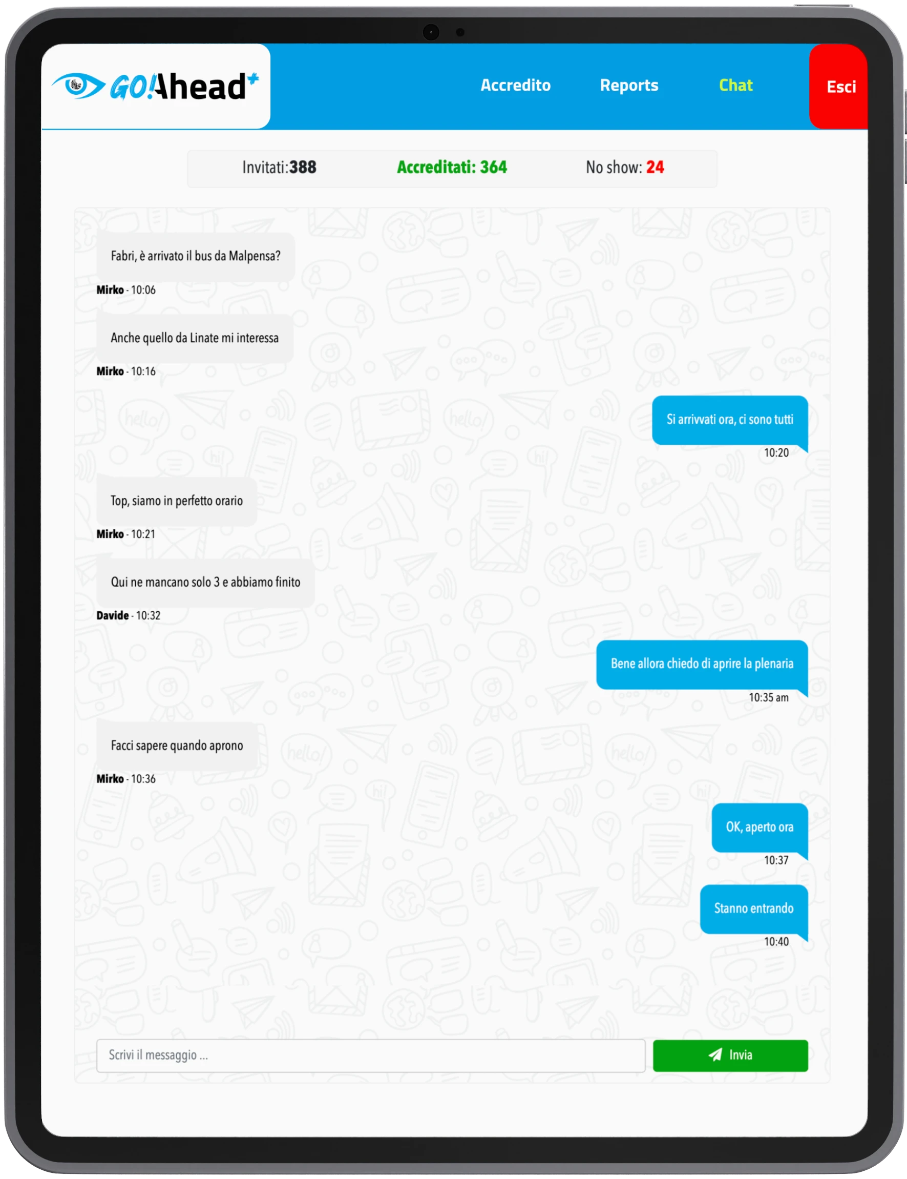 Screen di goAhead plus che mostra la pagina della chat
