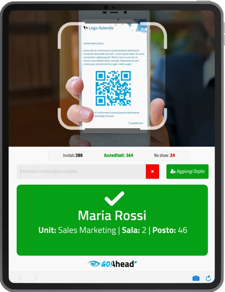 Screen di goAhead plus che mostra la scansione del qrcode