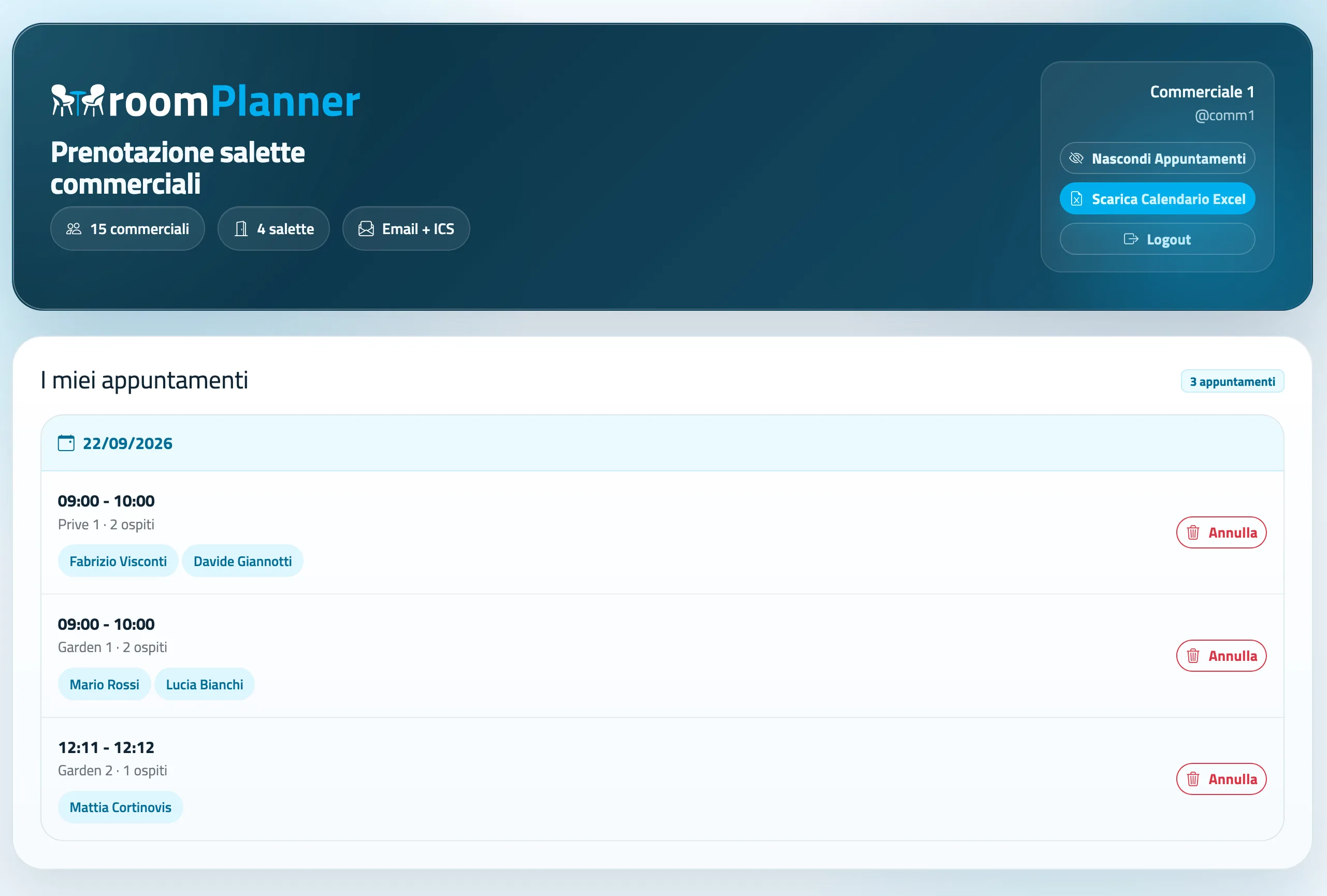 Area personale RoomPlanner con elenco appuntamenti