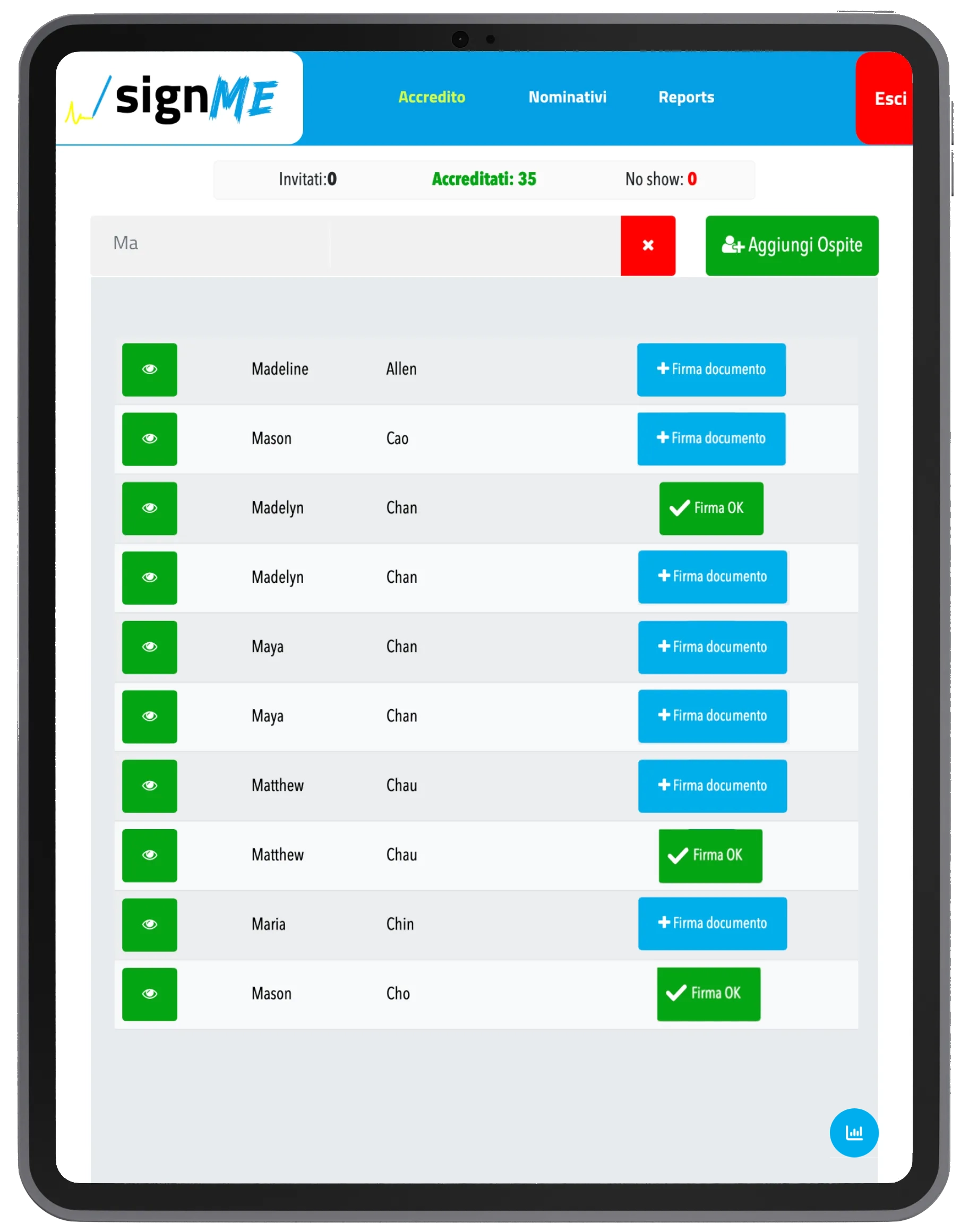 Screen di signMe che mostra la ricerca di un nominativo