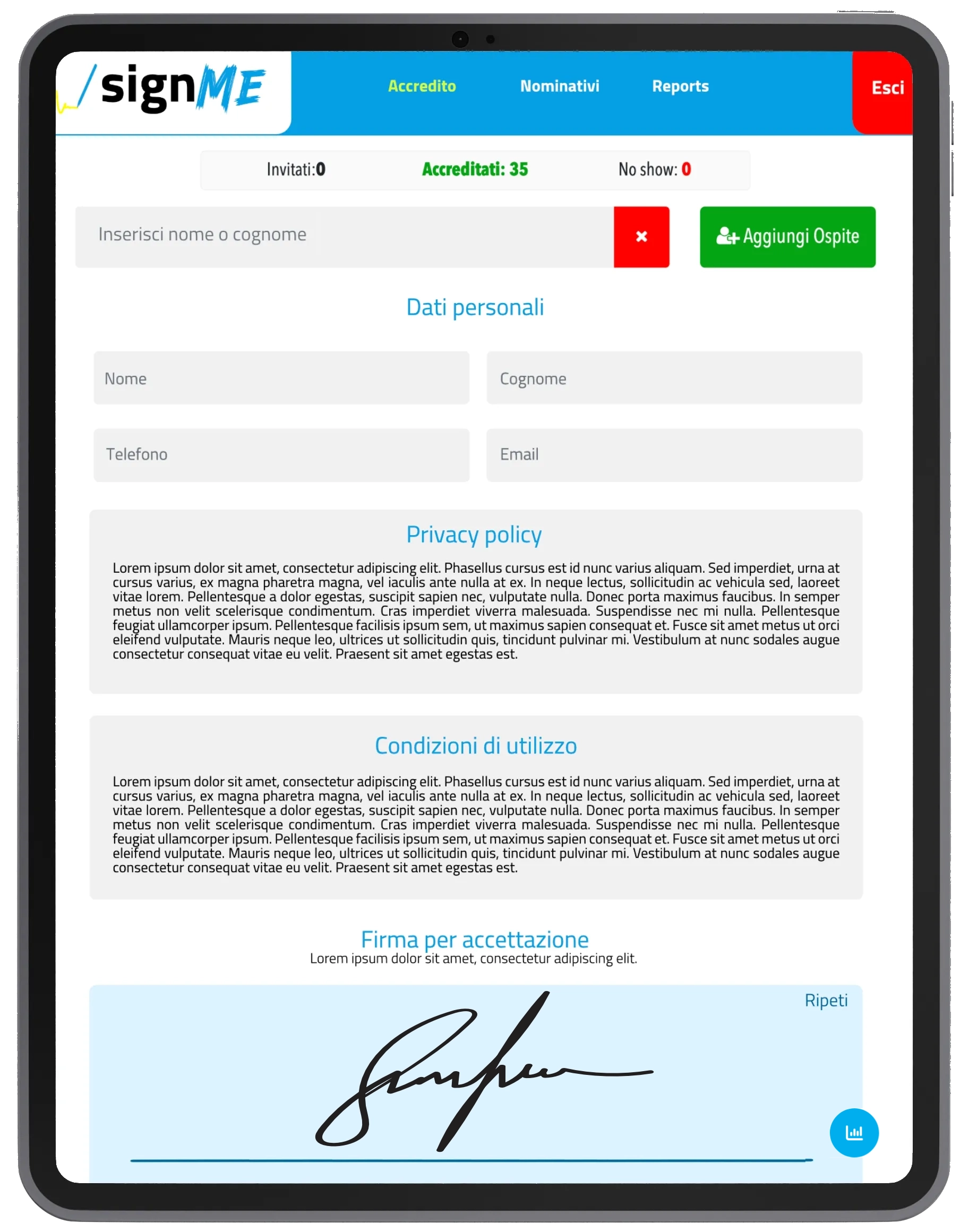 Tablet con l'interfaccia di signMe