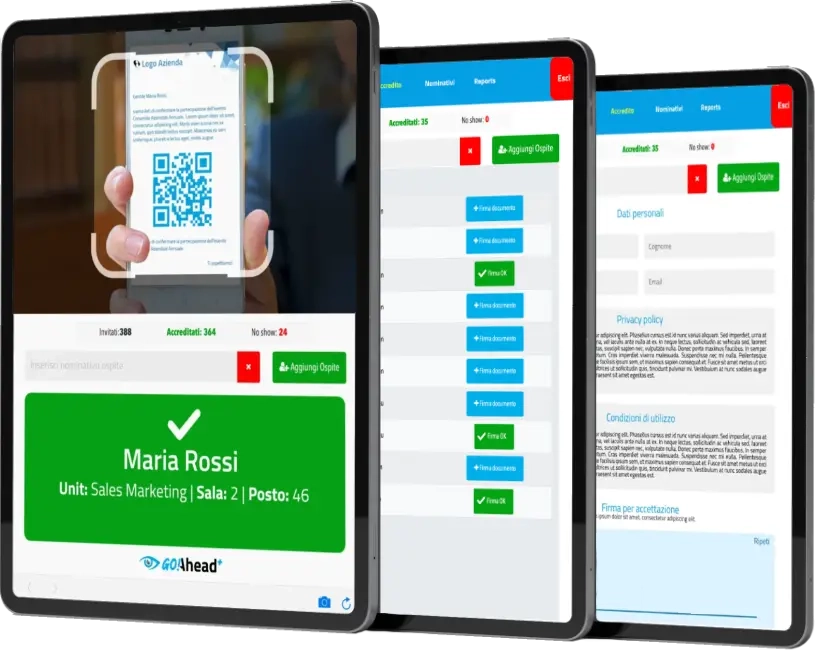 3 tablet con tutti i software di accredito goahead, goahead plus e signMe